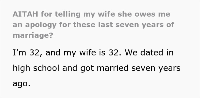 Text from a post discussing marriage and an apology request after seven years. Text from a post discussing marriage and an apology request after seven years.