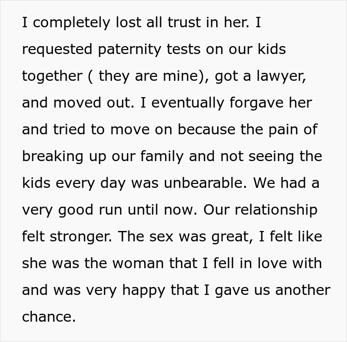 Text excerpt about a husband's trust issues after wife's refusal of a paternity test. Text excerpt about a husband's trust issues after wife's refusal of a paternity test.