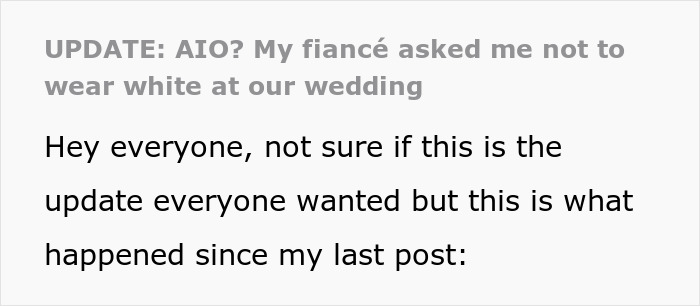 Text update discussing fianc&eacute;'s request for bride not to wear white to their wedding for his mom's comfort.