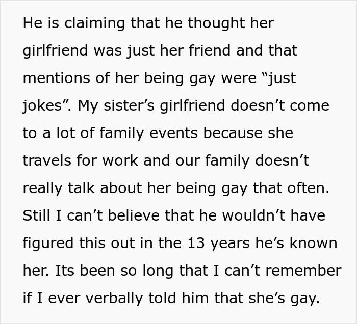 Text explaining a husband's reaction to discovering his sister-in-law is gay, claiming he thought it was a joke.