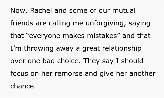 Text discussing refusing to reconcile with a cheating girlfriend despite friends' advice to forgive.