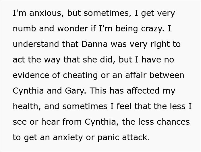 Text image of a person's anxiety and doubts about cheating and a past affair, mentioning Cynthia and Gary. Text image of a person's anxiety and doubts about cheating and a past affair, mentioning Cynthia and Gary.