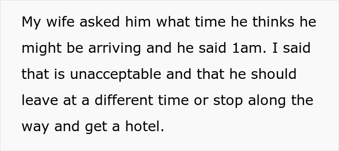 Text discussing disagreement over father-in-law&rsquo;s arrival time during holiday season.