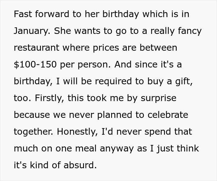 Text screenshot about a friend expecting a grand birthday celebration, mentioning expensive restaurant plans. Text screenshot about a friend expecting a grand birthday celebration, mentioning expensive restaurant plans.