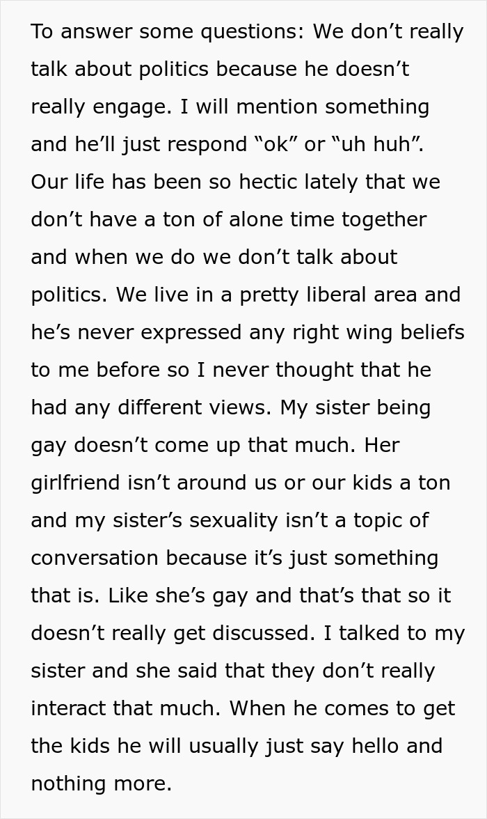 Text about husband avoiding discussing politics and not interacting much with gay sister-in-law.