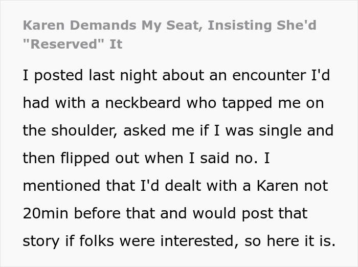 Angry woman demanding a seat in shopping mall, detailed story text displayed.