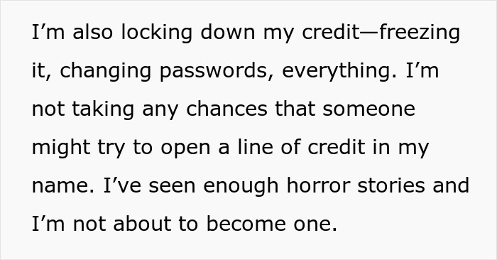 Text about a woman protecting her finances by freezing credit and changing passwords.