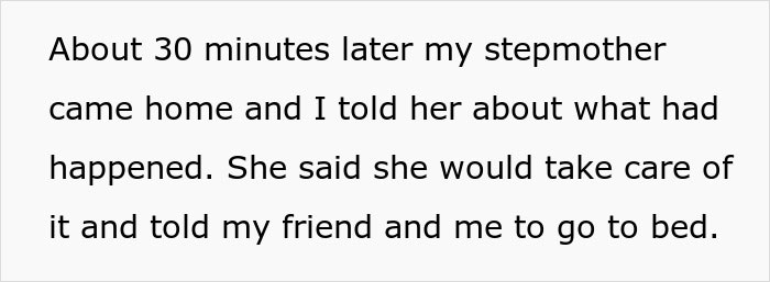 Text recounting an incident involving a stepmother's response to a noise complaint.