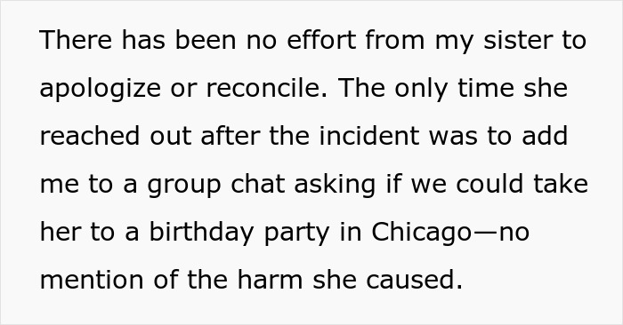 Text excerpt about lack of apology and family conflict after an incident.