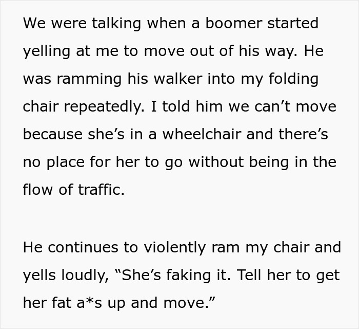 Boomer harassing a wheelchair user, claiming she&rsquo;s faking it, causing distress in a crowded area.