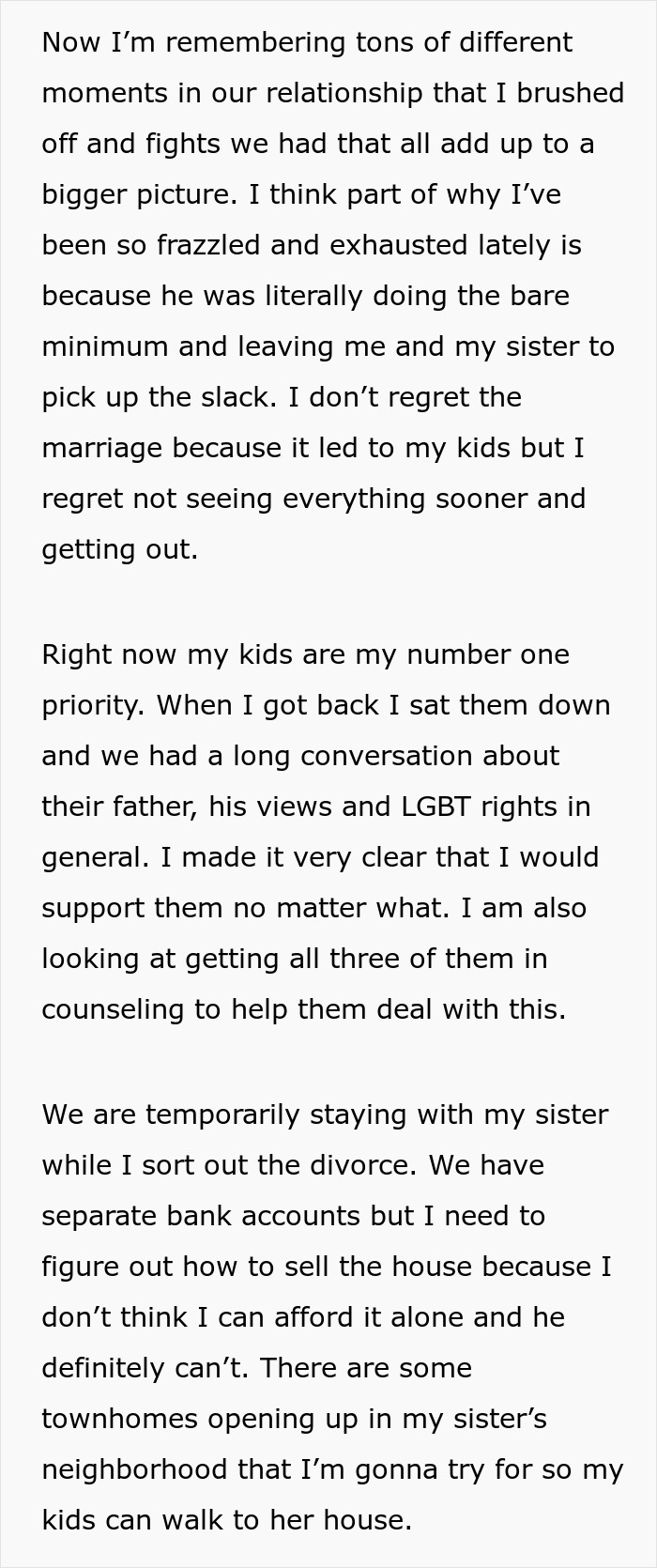 Text explaining family's challenges around LGBT acceptance and a move due to husband's views.