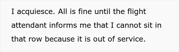 Text about a tall woman unable to sit in a row due to service issues.