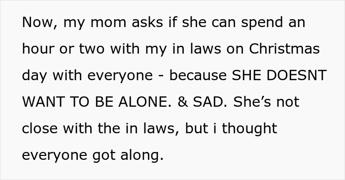 Text image about a mom wanting to spend Christmas with her in-laws, feeling sad and alone, but they aren't close.