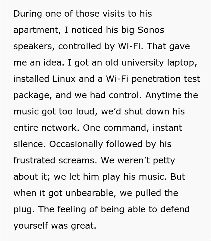 Text describes neighbors using a laptop to disrupt a man's Wi-Fi, causing his frustration.