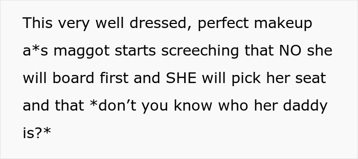 Text screenshot about a well-dressed woman demanding special treatment at the airport. Text screenshot about a well-dressed woman demanding special treatment at the airport.
