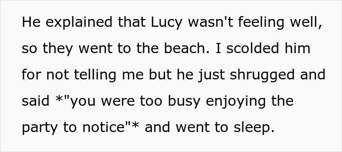 Text about stepdaughter leaving party; focus on upset woman.