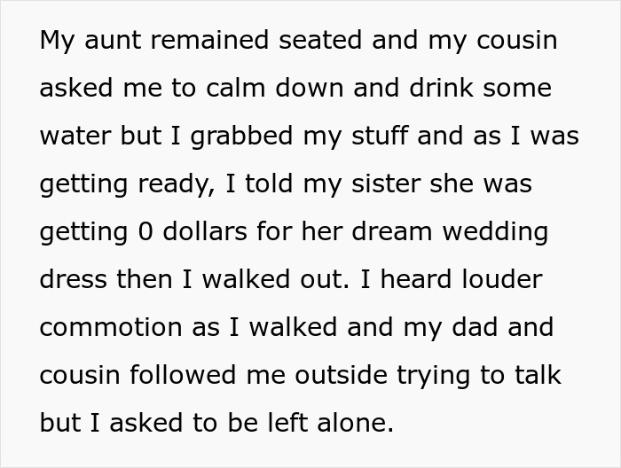 Text block describing family commotion over a dream wedding dress situation. Text block describing family commotion over a dream wedding dress situation.