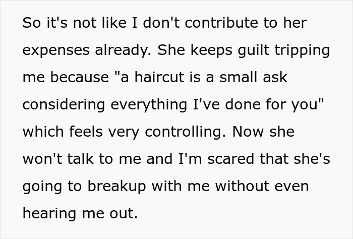 Text reveals a relationship issue about lack of self-awareness, discussing guilt and control over expenses and personal choices. Text reveals a relationship issue about lack of self-awareness, discussing guilt and control over expenses and personal choices.