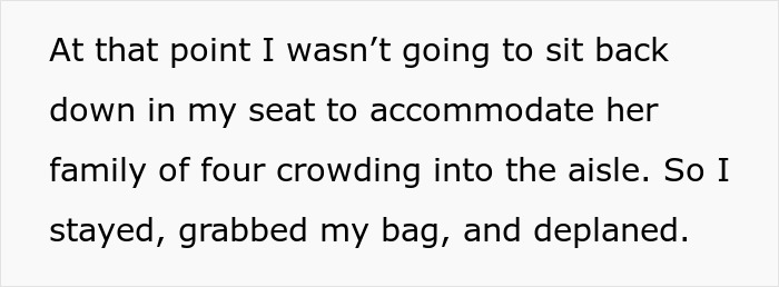 Text excerpt discussing airplane aisle situation involving a family of four.