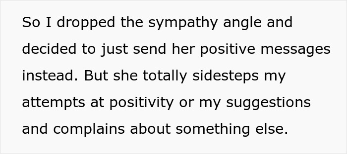 Text on image discussing a pregnant friend who sidesteps positivity and continues to complain.