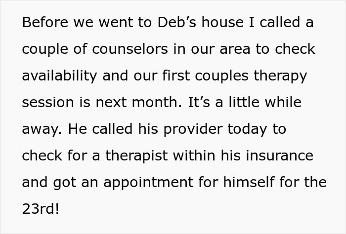 Text discussing upcoming couples therapy sessions and individual therapy appointment scheduling.