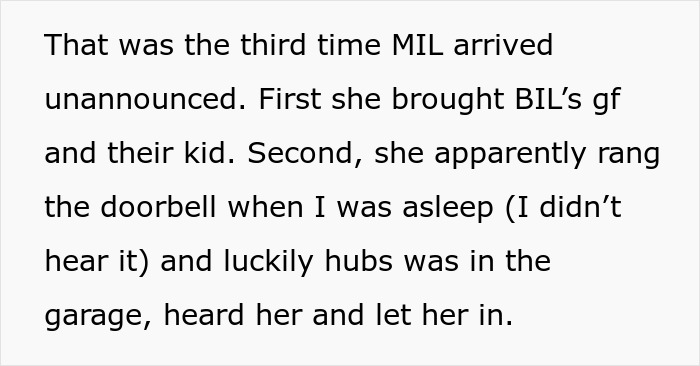 Text describing MIL arriving unannounced, discussing previous visits. Text describing MIL arriving unannounced, discussing previous visits.