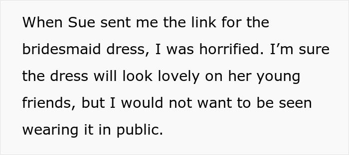 Text reading disappointment over skimpy bridesmaid dress choice for wedding attire.