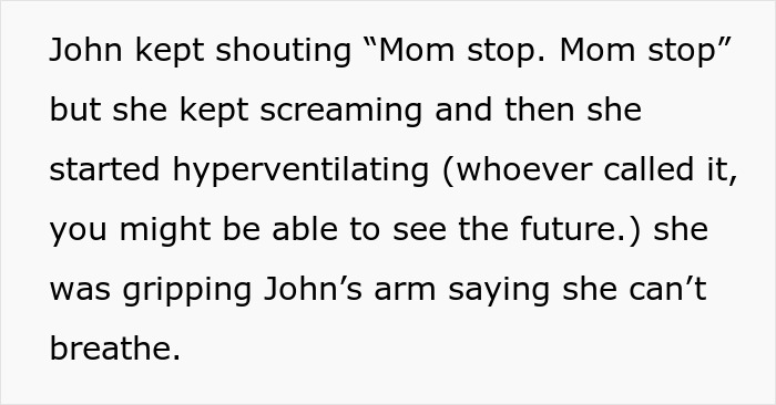 Text describing a tense situation between John and his mom, related to wedding dress comfort issues.