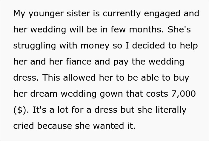 Text about a woman helping her sister buy a $7,000 wedding dress. Text about a woman helping her sister buy a $7,000 wedding dress.