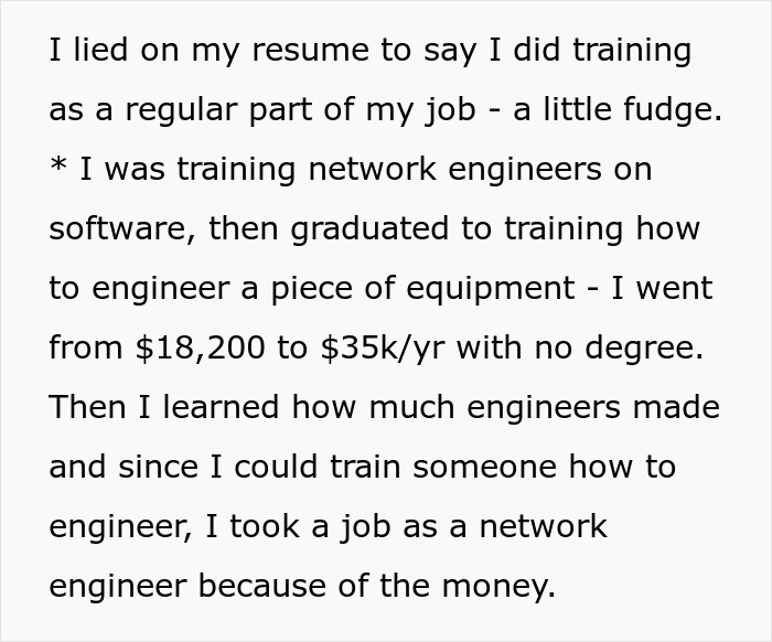 Applicant admits to lying on resume for career advancement in network engineering without a degree.