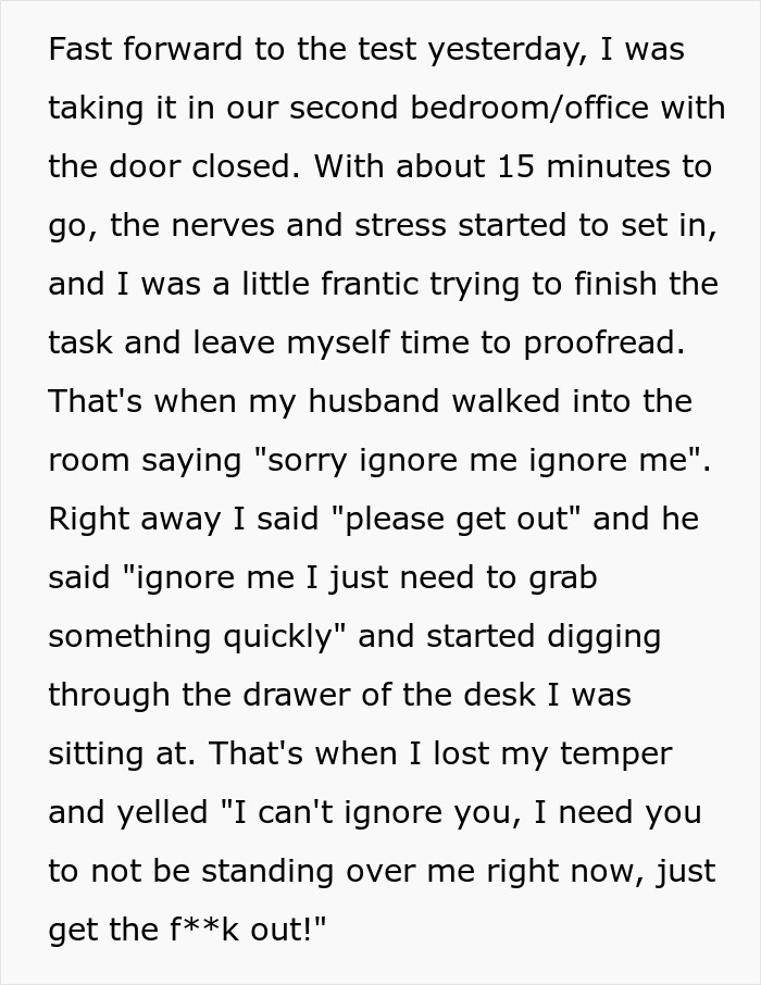 Woman frustrated at husband interrupting her job test in home office.