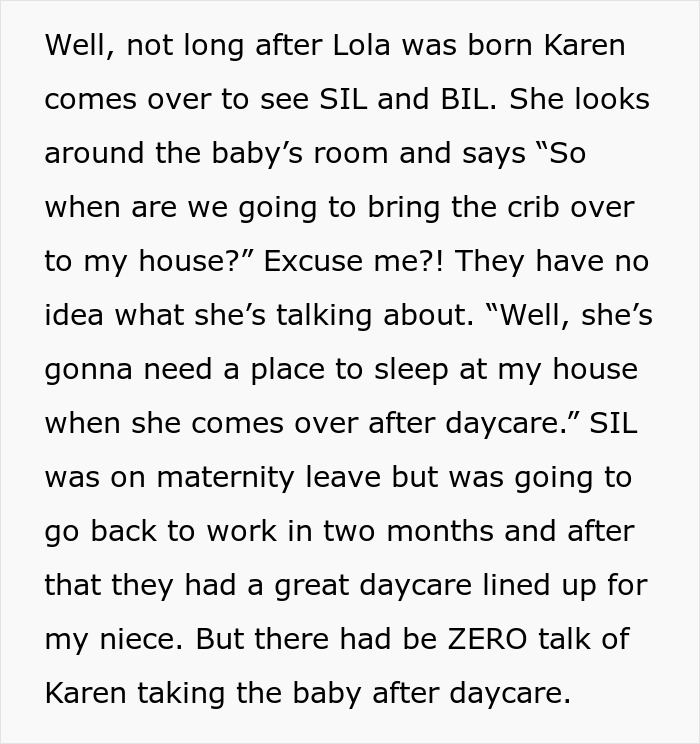 Text about a grandma demanding an heirloom crib, assuming she will raise her grandchild, shocking the parents.
