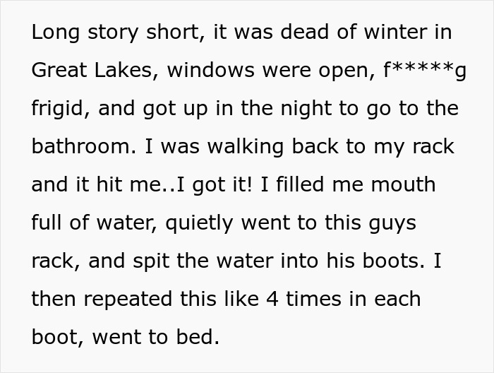 Text description of a winter prank involving water in boots at the Great Lakes camp.