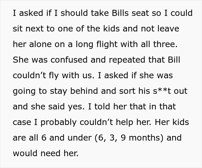 Text from woman discussing not missing a flight due to brother-in-law's drunken scene.