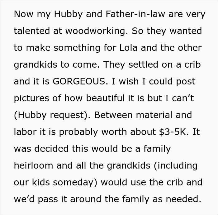 Text describing a woodworking project for a family heirloom crib valued at $3-5K.