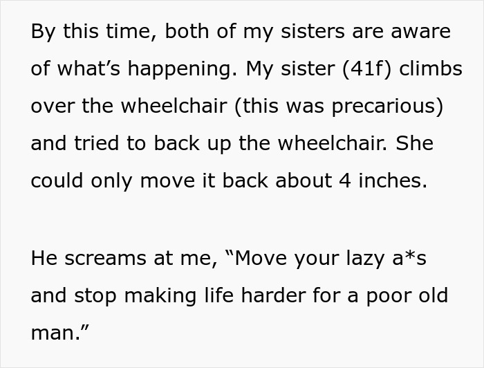 Text exchange about a woman in a wheelchair being accused of faking by a rude boomer.