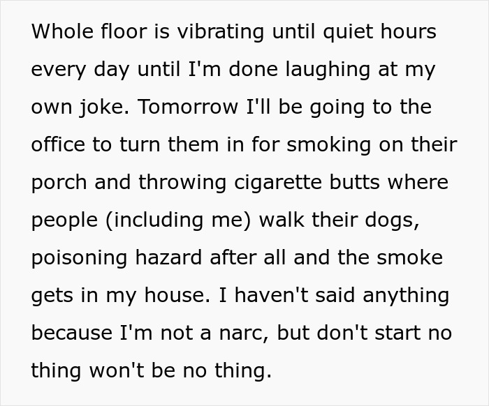 Text about dealing with a neighbor's noise and smoking habits, expressing frustration and a plan to report.