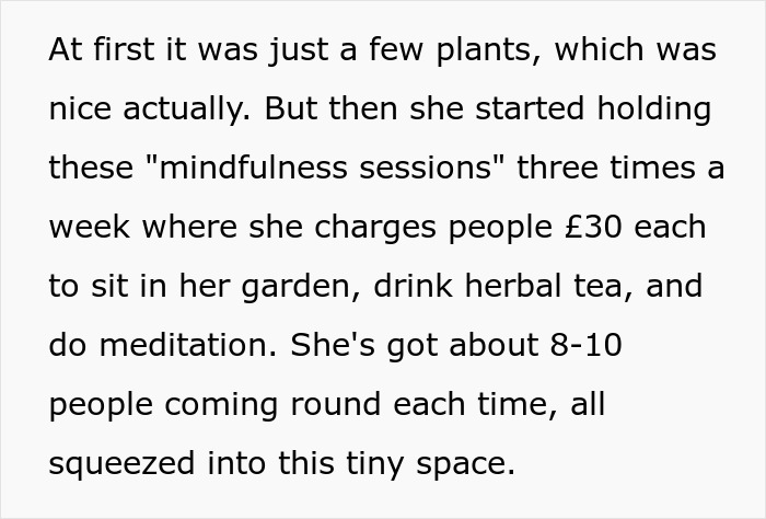 Text describing neighbor's mindfulness sessions with paid meditation in a small garden setting.