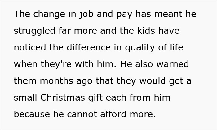 Text discussing financial struggles affecting gift-giving, mentioning a small Christmas gift due to job change and pay cut. Text discussing financial struggles affecting gift-giving, mentioning a small Christmas gift due to job change and pay cut.