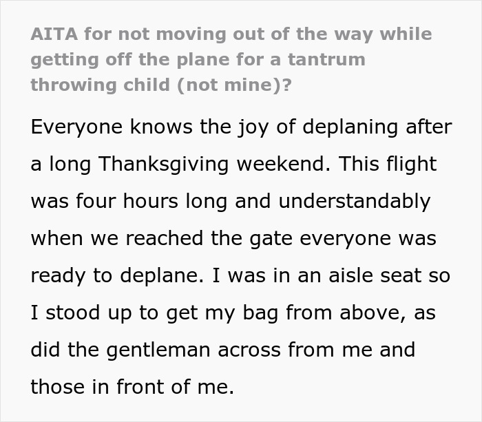 Text about a plane passenger reflecting on deplaning etiquette during a child's tantrum.
