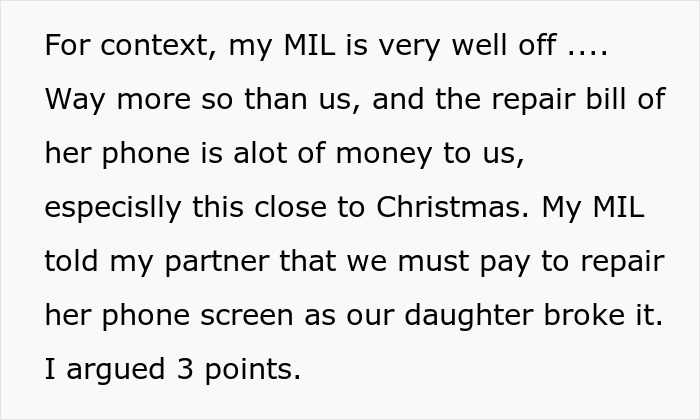 Text description discussing MIL wanting parents to pay after toddler breaks phone. Text description discussing MIL wanting parents to pay after toddler breaks phone.