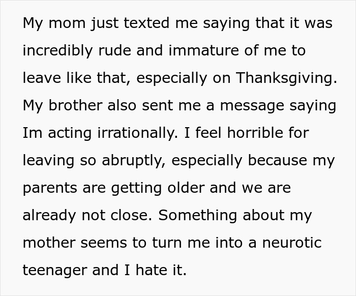 Text exchange about a woman leaving Thanksgiving after a disagreement over dessert.