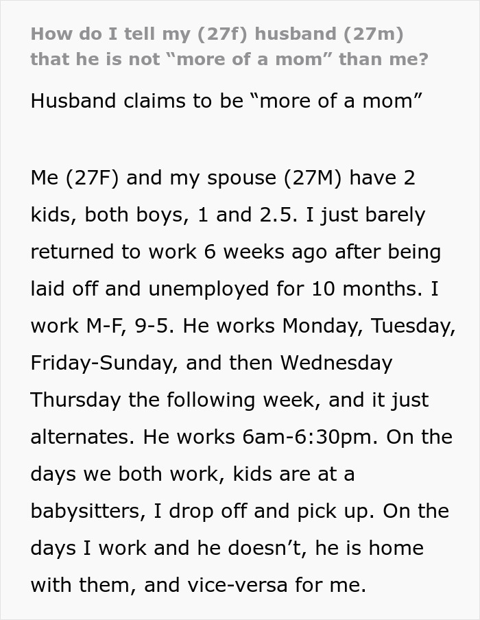 Text discussing a husband claiming he's more of a mom while sharing babysitting duties.