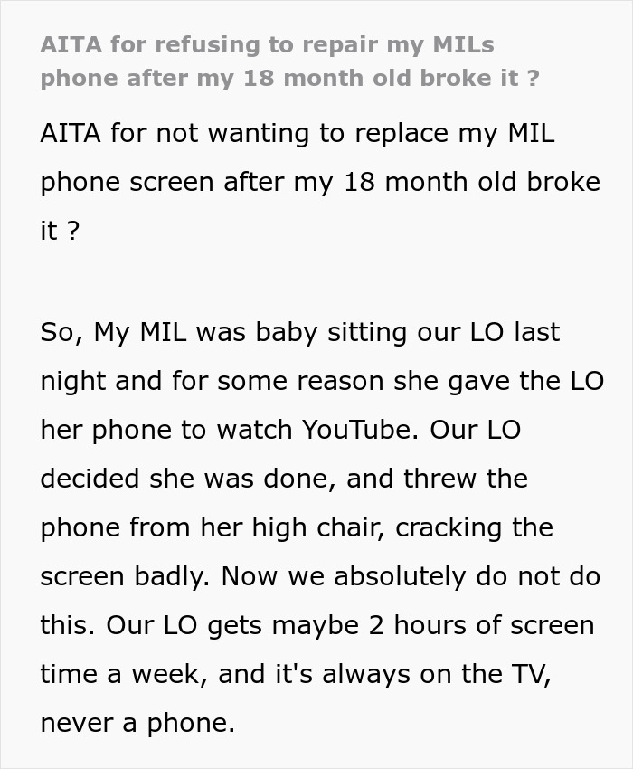 Mother-in-law gives toddler phone; demands parents fix it after child breaks it. Mother-in-law gives toddler phone; demands parents fix it after child breaks it.