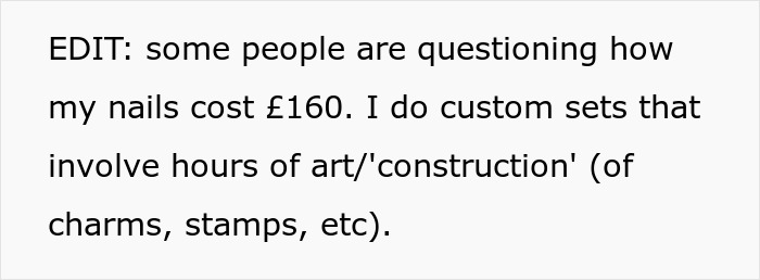 Text explaining cost of custom nail art services with charms and stamps. Text explaining cost of custom nail art services with charms and stamps.