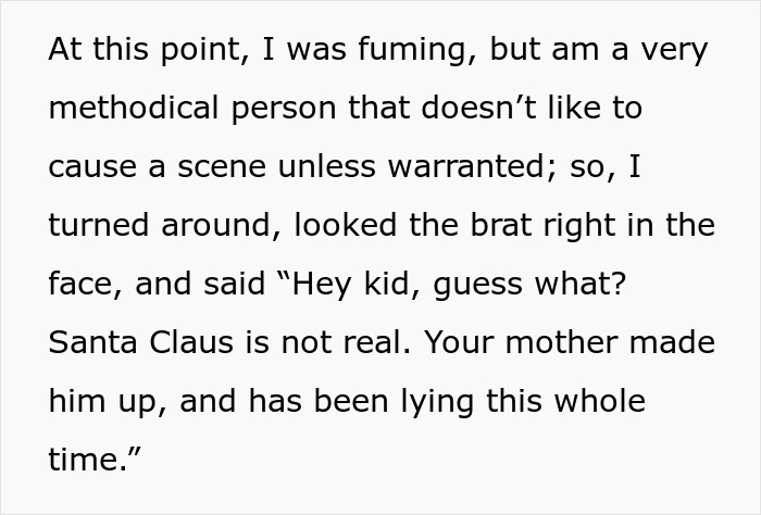 Text revealing that Santa Claus is not real as a passenger confronts a child on a train. Text revealing that Santa Claus is not real as a passenger confronts a child on a train.