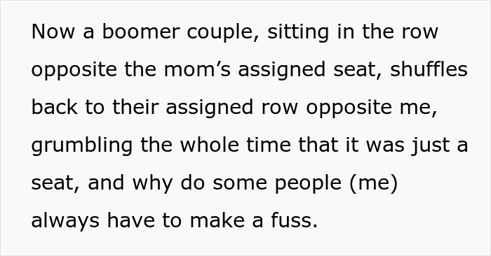 Text recounting a situation where a woman's seat is almost taken, emphasizing the commotion caused by a couple.