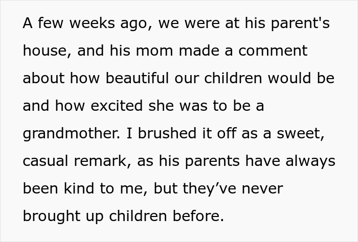 Text image discussing a boyfriend's parents and their comments about future grandchildren.