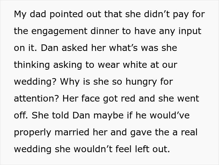 Text of a conversation about a wedding, discussing wearing a white dress and family dynamics.