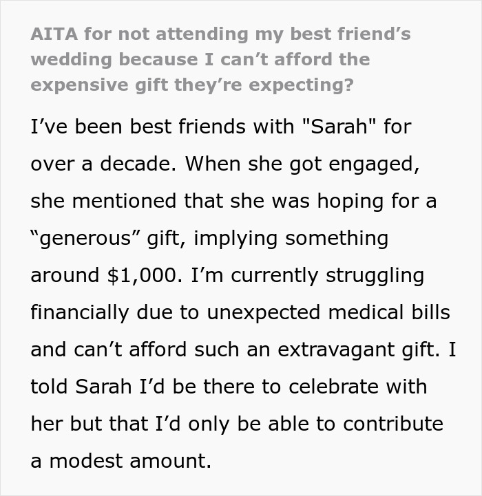 Text about financial struggle affecting attendance at best friend's wedding due to gift expectations.